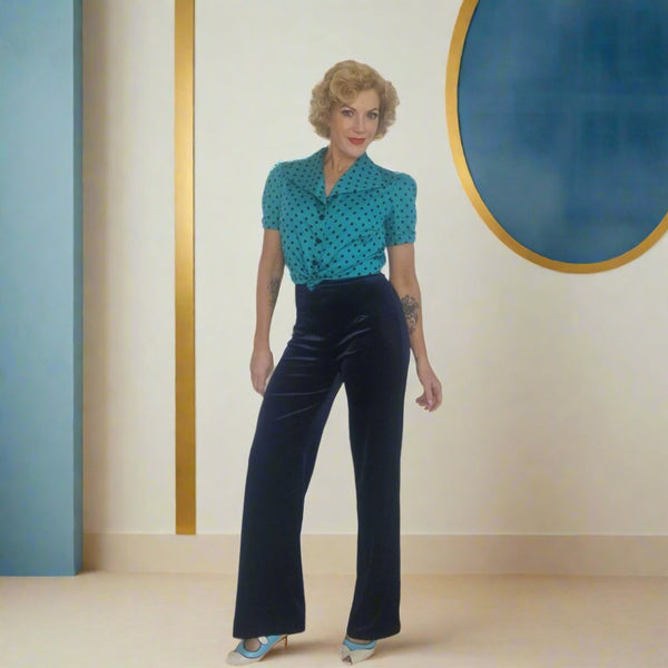 Mabel Main Velvet Wide Leg Pants - Navy