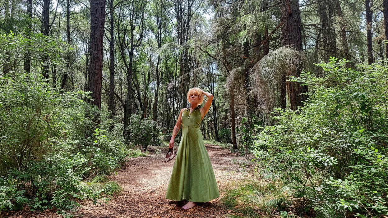 Woman in a green dress standing in a forest
